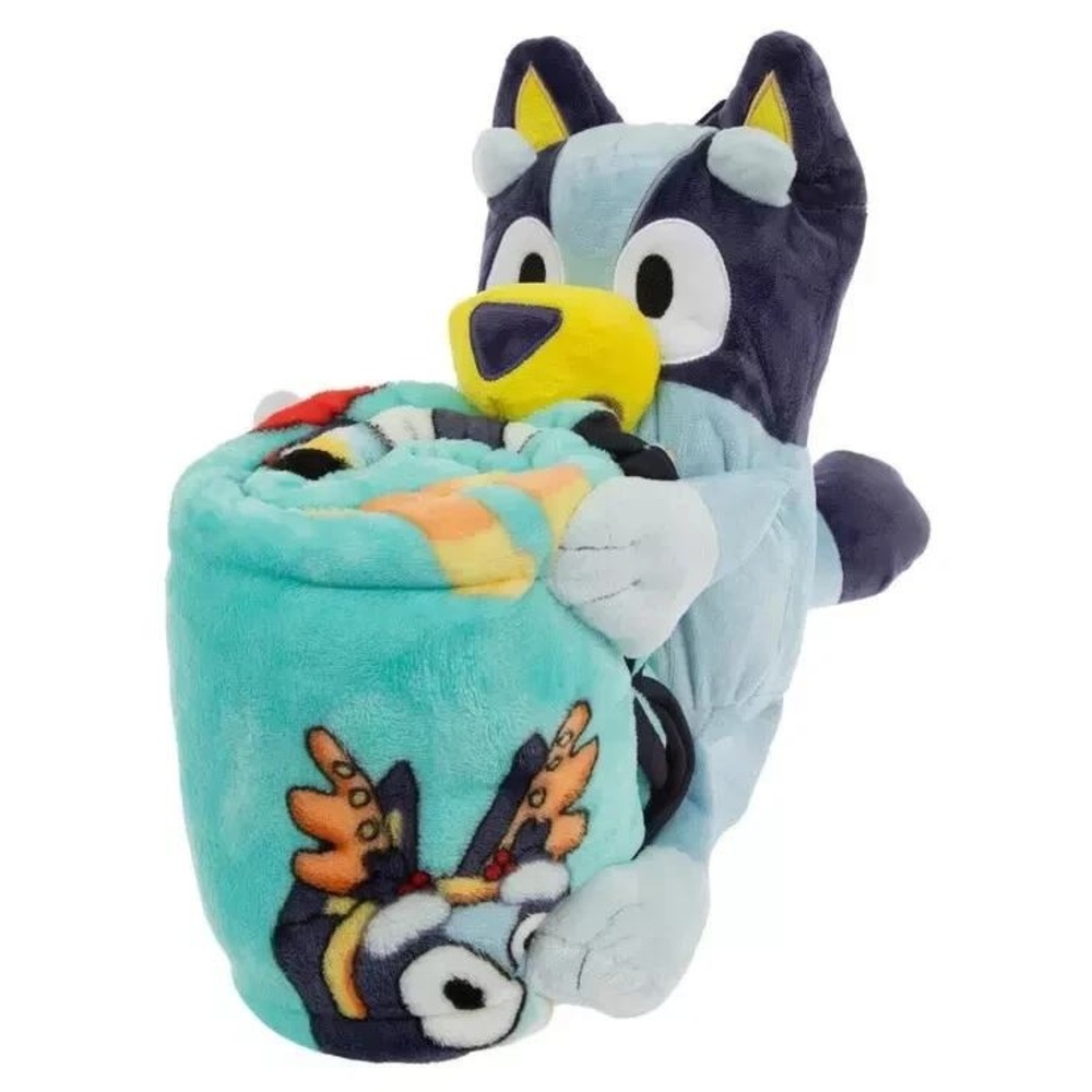 Bluey 2PC Hugger Set Plush Character Buddy and Christmas Fleece Throw Blanket